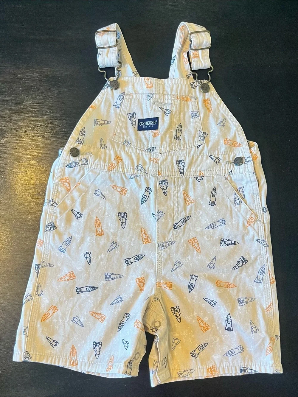 OshKosh B'gosh Y2K White Overalls with Blue and Orange Rocket Print 24m